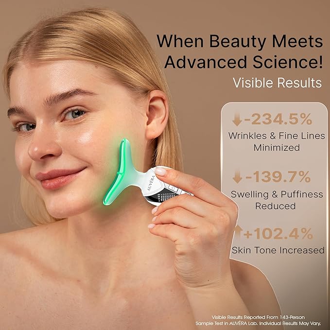 AUVERA 7-in-1 Face & Neck Beauty Massager with Light Therapy, Heat and Smart Vibration for Wrinkles, Fine Lines & Skin Tone | Multi-Light Therapy for Lift, Radiance & Smooth Skin, Z1 - White