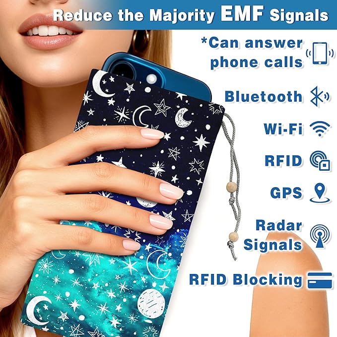 EMF Shield Sleeve for Cell Phone Reduce Signal Anti-EMP Pouch Against Radiation, EMF, 5G, RFID Blocking 4x8 Inch Moon and Star Phone Sleeve Bags