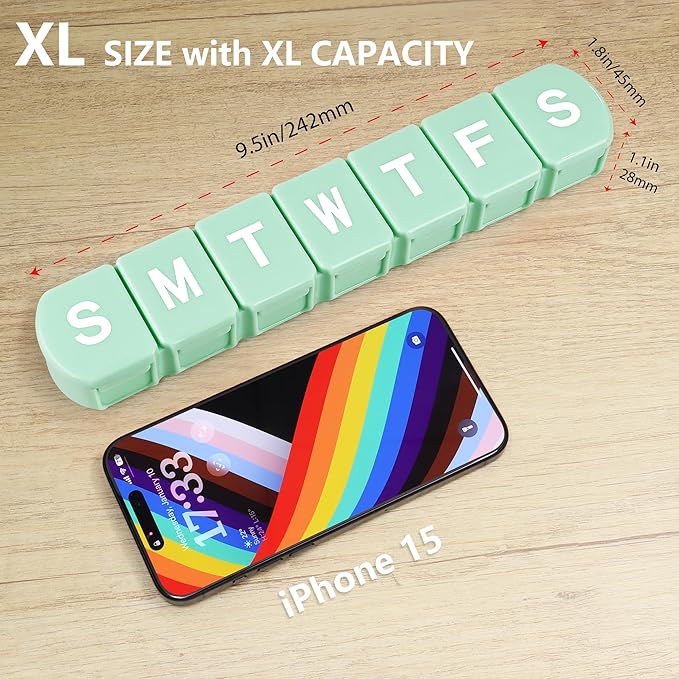 Extra Large Weekly Pill Box Organizer 7 Day, MOLN HYMY 1 Week Jumbo Pill Dispenser Case One Time a Day, Daily Med Container to Hold Vitamin and Supplement (Green)