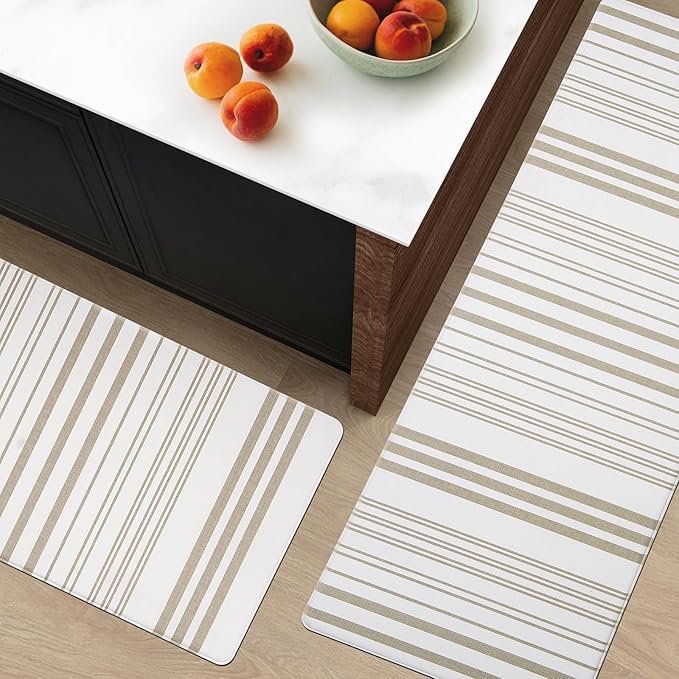 FRESHMINT Farmhouse Stripe Anti-Fatigue Kitchen Mat Set of 2, Cushioned Foam Kitchen Mats for Floor, Waterproof Non Slip Comfort Mat, Modern Kitchen Rug for Kitchen Decor, Sink, Laundry, Office