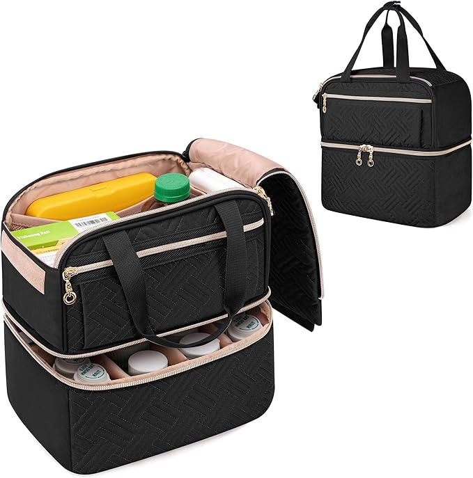 Damero Double Layers Pill Bottle Organizer Empty, Lockable Medicine Storage Bag Medication Travel Bag with 4 Customized Dividers for Prescription Bottles, Medical Supplements,Black
