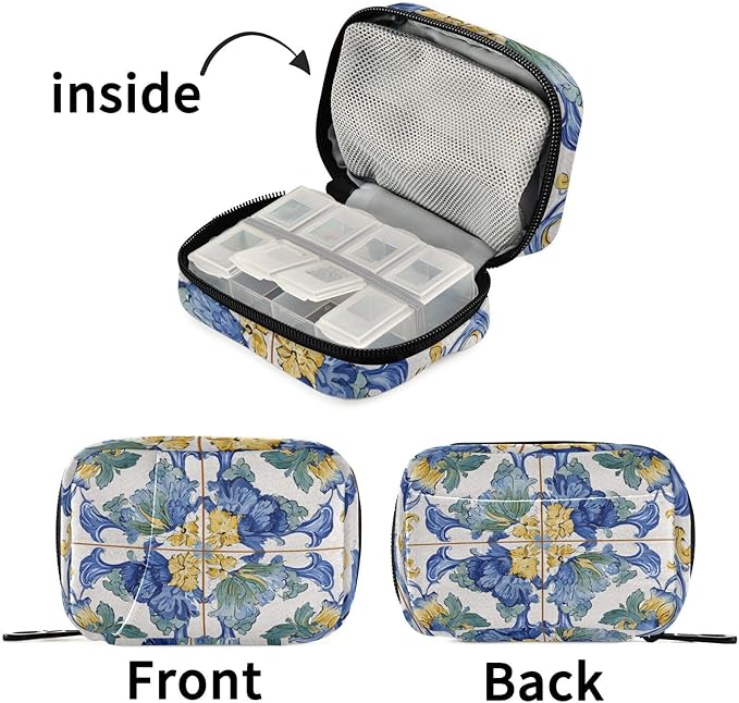 Vintage Floral Blue and Yellow Tile Travel Pill Organizer Case Box Container Weekly Portable Vitamin Medicine Holder Storage Bag with Zipper Removable