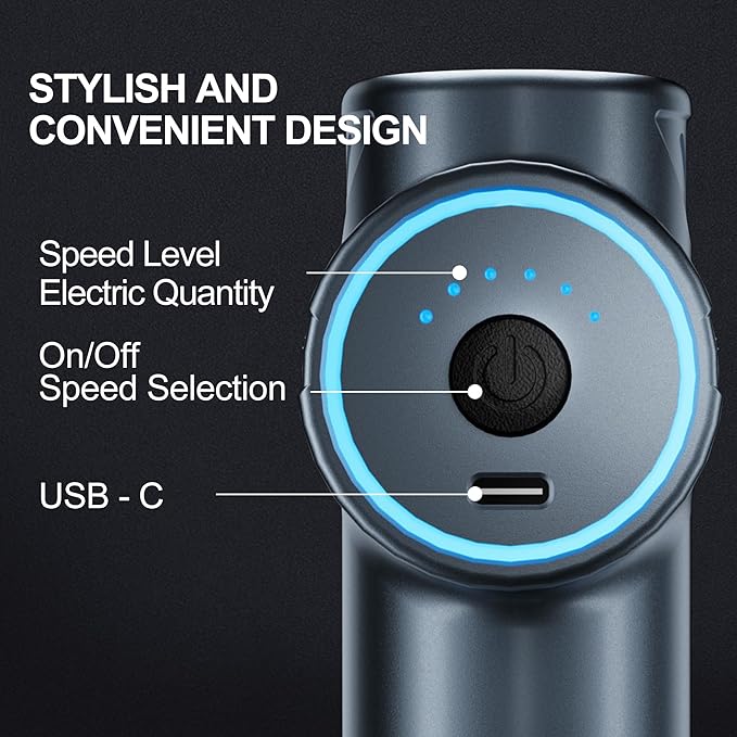 Small Massage Gun Handheld Deep Tissue Massager Gun for Pain Relief- 6 Speeds, 4 Heads, Ideal Gift for Men & Women (Blue)