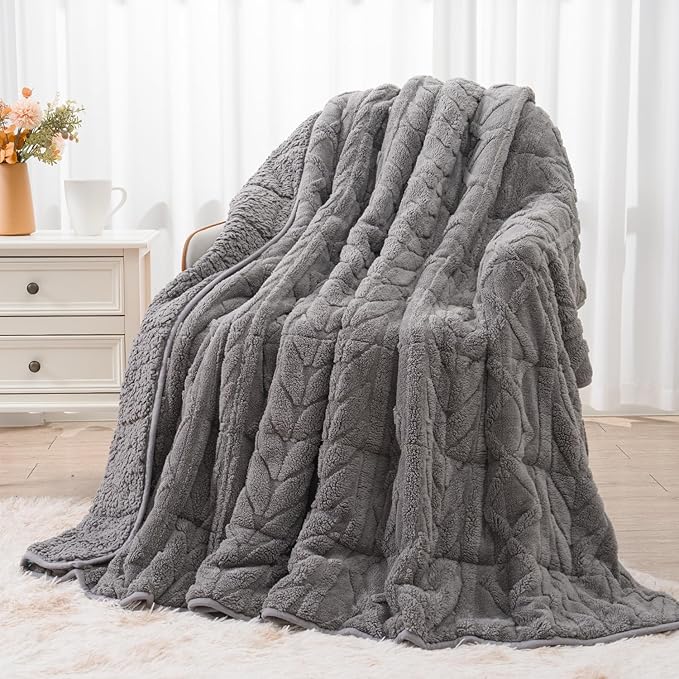 Wemore Jacquard Fleece Weighted Blanket Twin Size 48" x 72" 15lbs, Ultra Soft Cozy Sherpa Weighted Blankets for Adults, Ultra Fuzzy Heavy Blanket, Fluffy Warm Throw for Winter, Light Grey