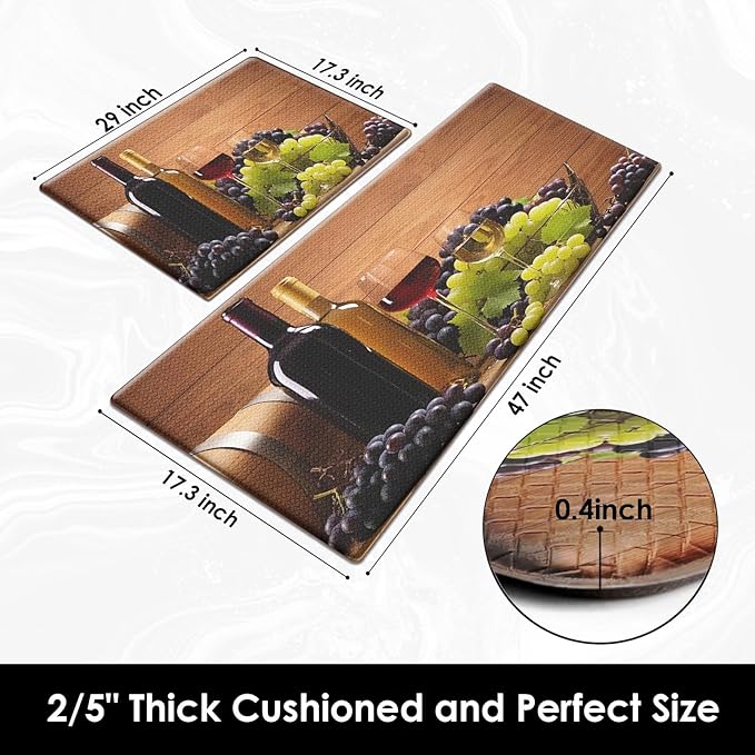 Arttown Red Rose Wine Wooden Anti-Fatigue Kitchen Rug Set of 2 Fruit Summer Green Cushioned Floor Standing Mat Waterproof Non-Slip Kitchen Mat and PVC Ergonomic Comfort Foam Rug