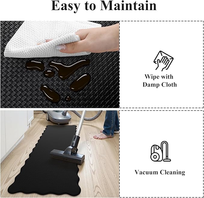 KIMODE Scalloped Kitchen Mats for Floor Cushioned Anti Fatigue,Wavy Kitchen Sink Rugs Sets of 2 Non Slip,Comfort Memory Foam Kitchen Floor Mat Carpet for Office Laundry,Black