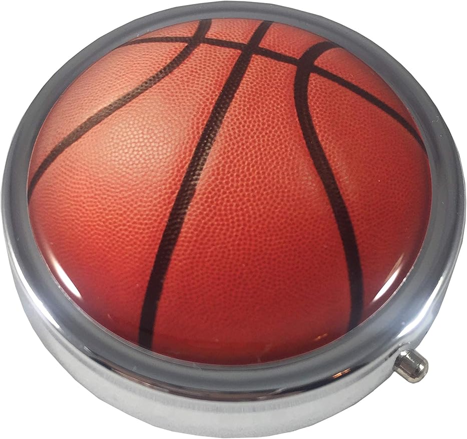 Basketball Round 3-Compartment Chrome Pill Box – Metal Travel Medicine Organizer for Pills, Vitamins, and Small Items – Durable Compact Pill Case