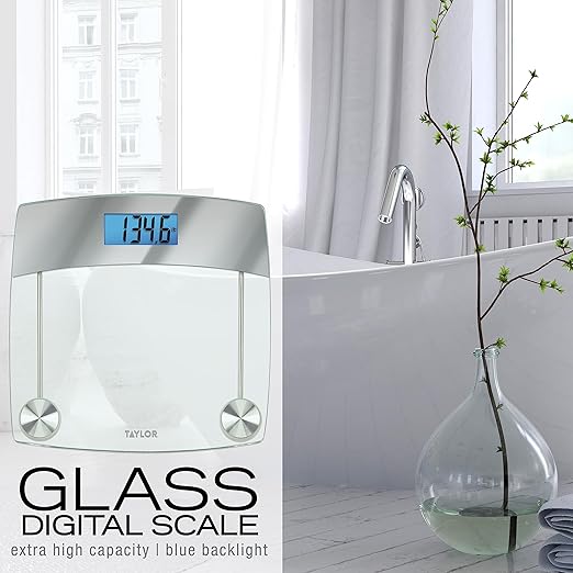 Taylor Digital Scales for Body Weight, Extra High 440 LB Capacity, Unique Blue LCD, Stainless Steel Accents Glass Platform, 12.4 x 12.4 Inches, Clear