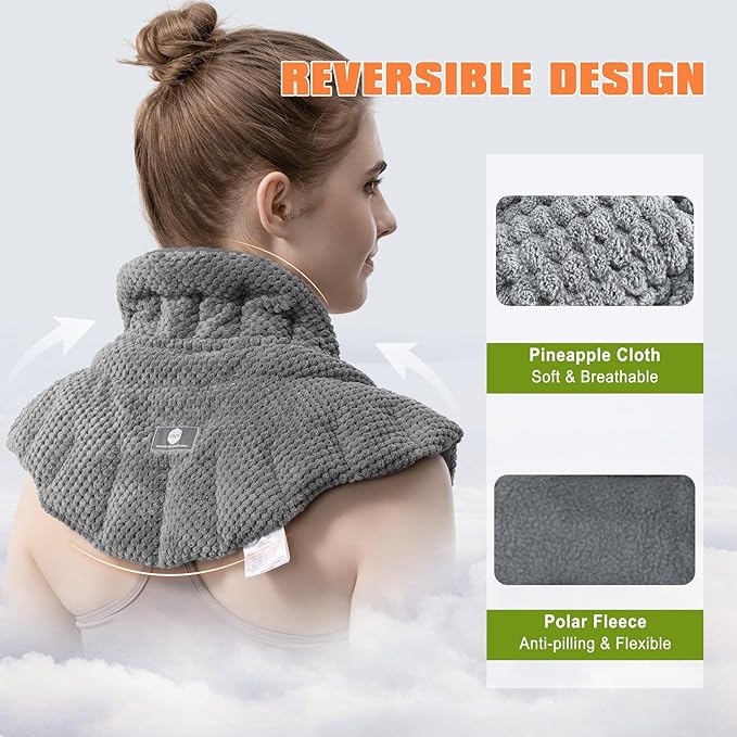 Microwave Heating Pad for Neck, Shoulders Back Pain Relief | Large Moist Weighted Cordless Heat Pad | Heated Neck Wrap for Targeting Stress, Tension Relief and Relaxation Grey