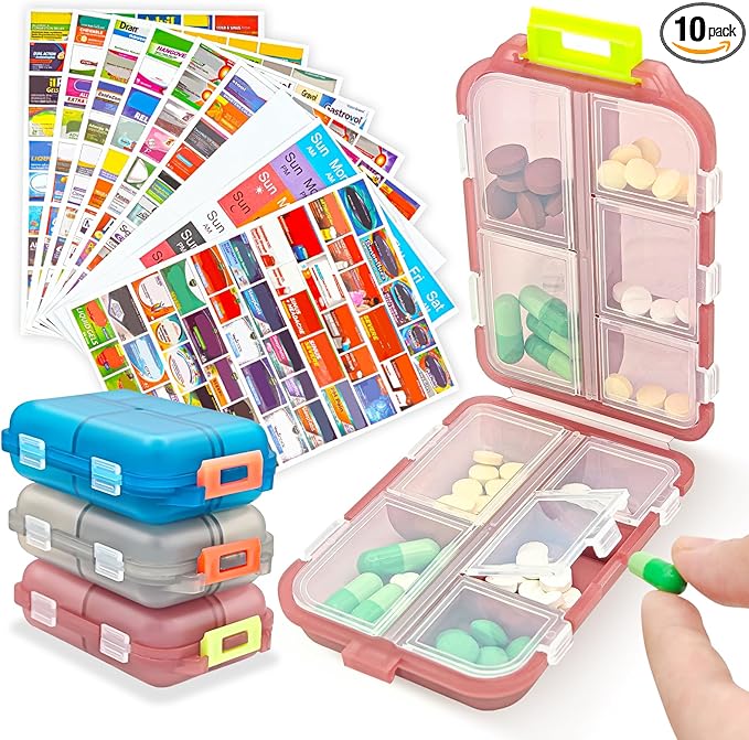 3Pcs Pill Organizer with Medicine Labels, 10 Compartments Travel Pill Box with Removable Labels, Portable Foldable Supplement Box Holder for Fish Oil Vitamin