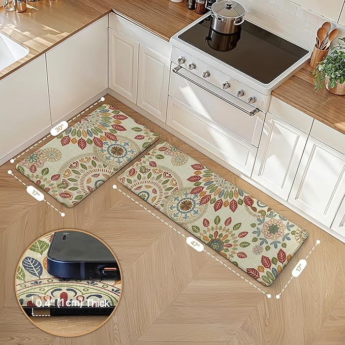 GENIMO Kitchen Mats for Floor 2PCS, Cushioned Kitchen Rugs Non Slip Washable, Farmhouse Anti Fatigue Mat Waterproof, Comfort Standing Mat Rug for Office, Home, Laundry, 17.3"x47"+17.3"x30", Beige&Red
