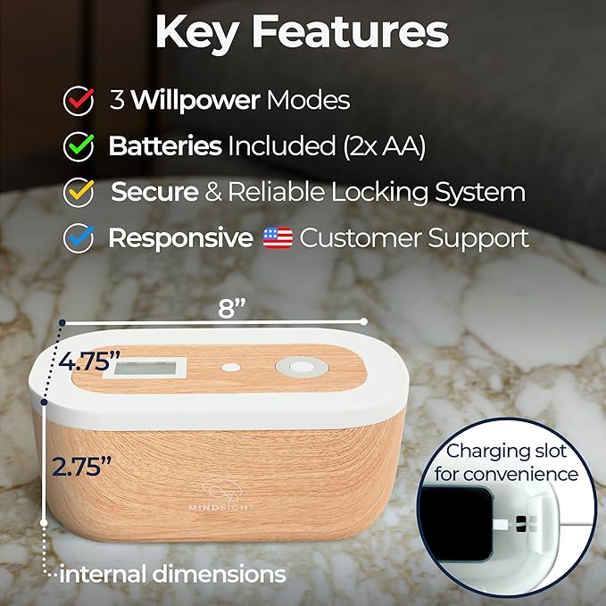 Mindsight Timed Lock Box | Unplug from Phones, Video Games, Social Media, Snacks & Cravings | 3 Modes based on Willpower | Easy to Use | Out of Sight ~ Out of Mind | Boost Your Mental Wellness