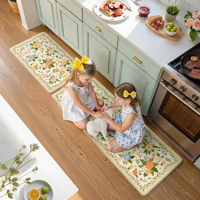 KIMODE Kitchen Mats for Floor Anti Fatigue, Beige Boho Kitchen Rugs Non Slip, Padded Kitchen Floor Mats, Memory Foam Kitchen Mats Cushioned, Standing Desk Mat for Laundry Office Sink 17"x47"+17"x29"