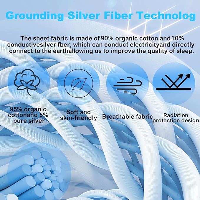 Grounding Sheets King, 90% Organic Cotton+ 10% Pure Silver Fiber,Grounded Bed Sheet Kit, Deep Pocket Grounded Bed Sheet, Relieves Pain - Used for Healthy Sleep Therapy (Blue Flower, King)