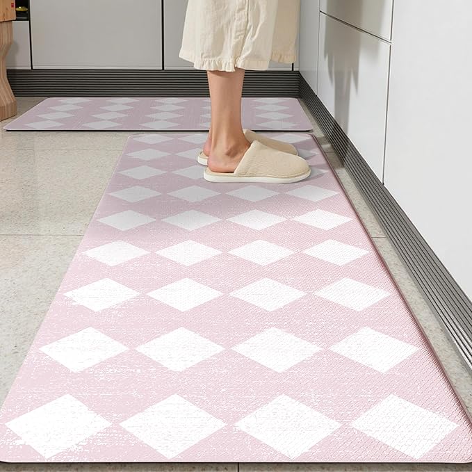 Pink Moroccan Trellis Checkered Kitchen Rug Sets [2 PCs], Anti-Fatigue, Waterproof Non-Slip Kitchen Mats Heavy Duty Ergonomic Comfort Foam Rug for Floor, Home, Laundry,17"x29"+17"x47"