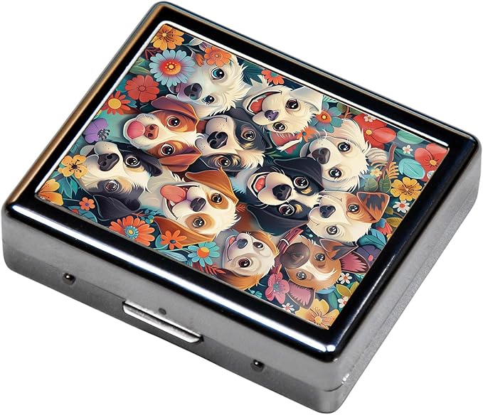 7 Days Chromed Shiny Silver Pill Organizer with Mirror Inside Has 8 Separate Compartments Rectangle 7 Days Pill Box Pill Case (Lovely Dogs)