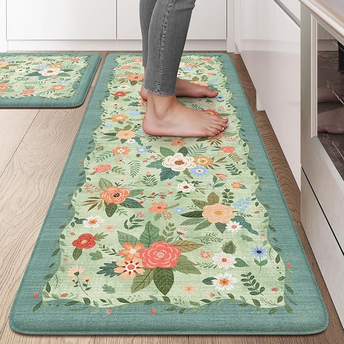 KIMODE Kitchen Mats for Floor Cushioned Anti Fatigue, Green Floral Kitchen Rugs Sets of 2, Boho Rugs for Kitchen Floor, Comfort Kitchen Floor Mats, Standing Desk Mat for Sink Laundry 20"x47"+20"x32"
