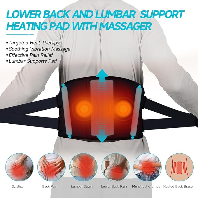 Cordless Heating Pad with Massager for Back Pain Relief, HSA Eligible FSA, 47-60" Lower Portable Back Heating Pad for Cramps with 3 Heat&Timer, 5 Vibration Back Brace Gift for Mother Father Men Women