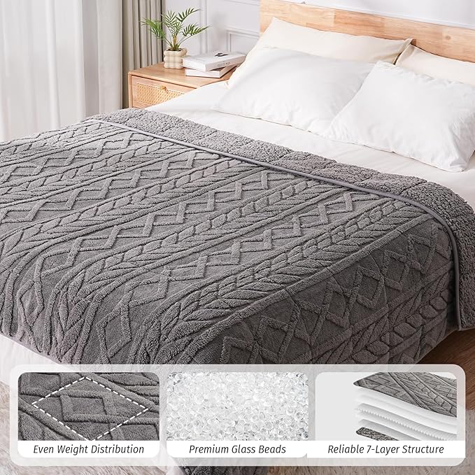 Wemore Jacquard Fleece Weighted Blanket Twin Size 48" x 72" 15lbs, Ultra Soft Cozy Sherpa Weighted Blankets for Adults, Ultra Fuzzy Heavy Blanket, Fluffy Warm Throw for Winter, Light Grey