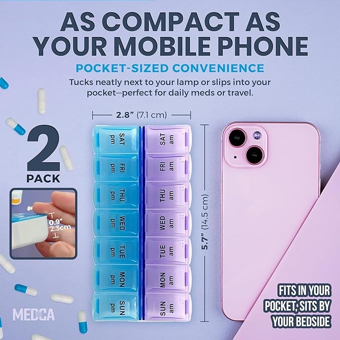 MEDca Pill Organizers - Small Pill Organizer with Weekly and Daily 2-Times-A-Day Compartments for AM/PM - BPA-Free, Portable and Travel Friendly Pill Boxes Case (2-Pack)