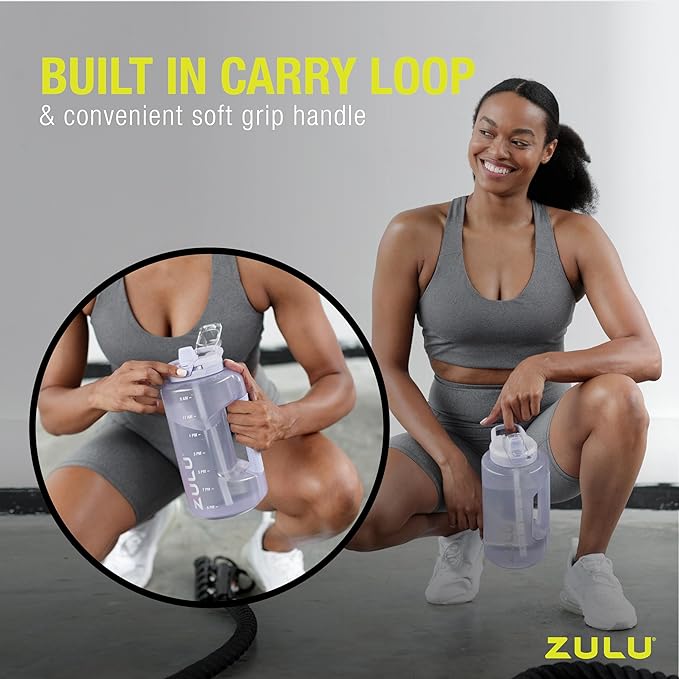 ZULU Goals 64oz Half Gallon Plastic Water Bottle with Straw and Time Marker | Large Reusable Jug with Handle and Leak Proof Lid for All Day Hydration, Gym and Outdoors, Gift Ready, Royal Blue