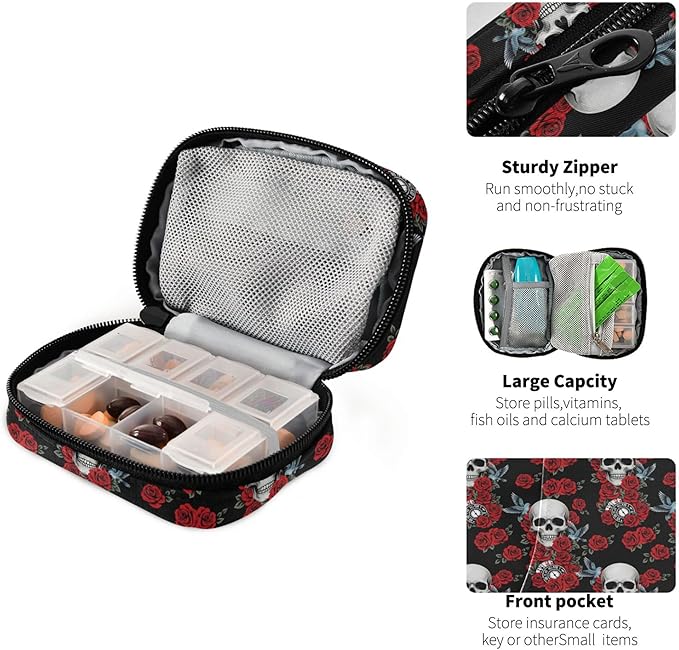Travel Pill Organizer Bag Weekly Pill Organizer Case Skull Rose Clock Pigeon Portable Small Daily Pill Boxes for Vitamin Fish Oils Supplement Holder with Zipper Compact Size