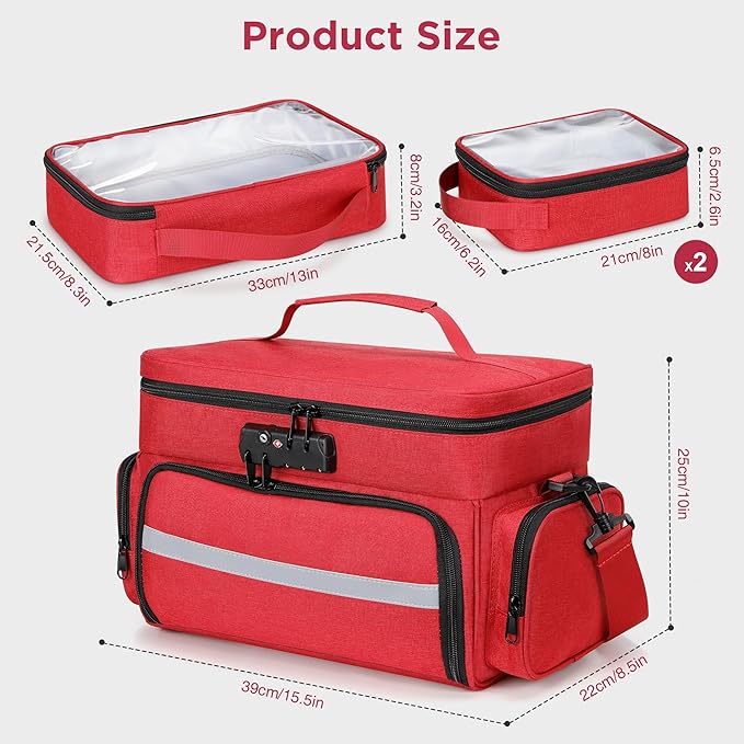 Zannaki Medicine Bag with 3 Removable Pouches, First Aid Bags Empty with Combination Lock, Double Layers Pill Bottle Organizer with Shoulder Strap, Large Medication Travel Storage for Medical Supplies
