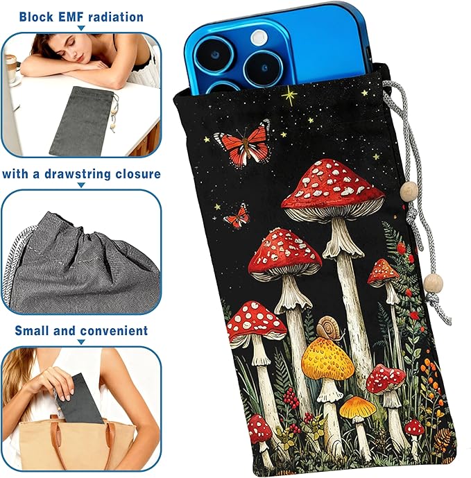 EMF Shield Sleeve for Cell Phone Reduce Signal Anti-EMP Pouch Against Radiation, EMF, 5G, RFID Blocking 4x8 Inch Mushroon Phone Sleeve Bags