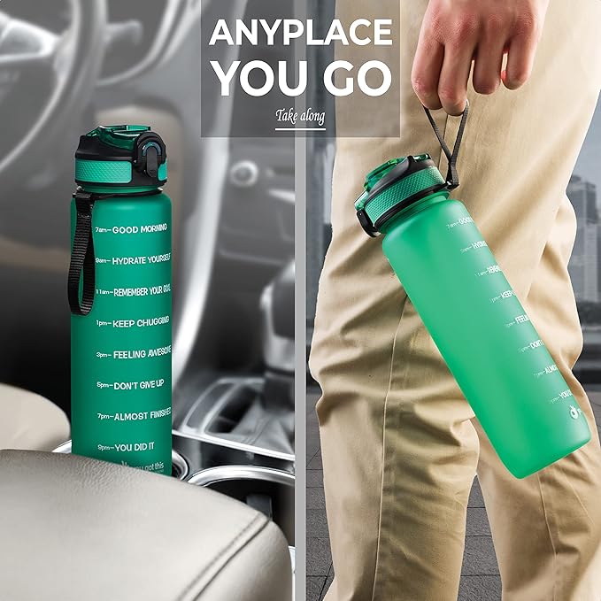 Motivational Water Bottle with Time Marker, 32 oz Water Bottle, Sports Water Bottle with Spout, Achieve All-Day Hydration SpillProof, BPA FREE