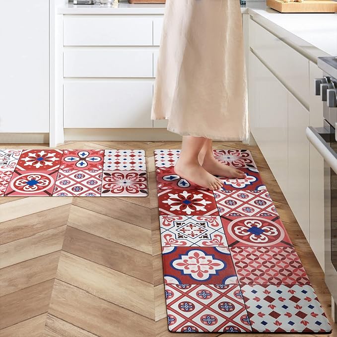 Ashler Kitchen Mats Anti-Fatigue Kitchen Rugs, Non-Slip Waterproof Kitchen Floor Mats, 2PCS Ergonomic Comfort Foam Standing Rug for Kitchen, Office, Floor, Laundry, Sink, 17x47 in & 17x29 in, Red
