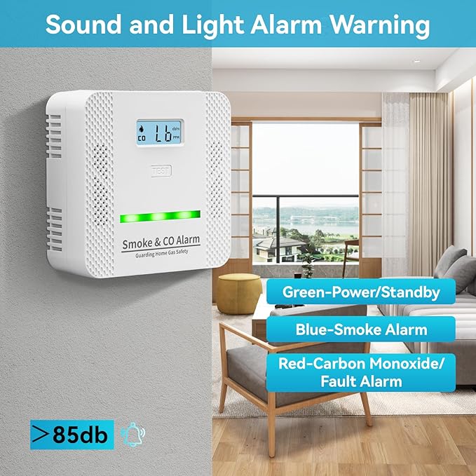 Smoke Detector Carbon Monoxide Detector,2 in 1 Fire & CO Alarm,Battery Powered,Carbon Monoxide Gas Detector with LCD Digital Display Sound and Light Alarm for Bedroom Warehouse Kitchen or RV Travel