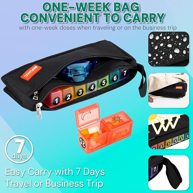 Monthly Pill Organizer, Medicine Organizer Box with Portable Hard Shell and Pill Cutter, 31 Day Pill Holder with Weekly Pill Bag (Green, 2 Times a Day)