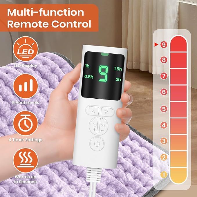 Heating Pad for Back Pain Relief, 9 Heat Settings & 4 Timers Auto Shut Off Heating Pads for Period Cramps with, Machine Washable, Dry & Moist Electric Heating Pad for Neck, Shoulder, Leg, 12''×24''