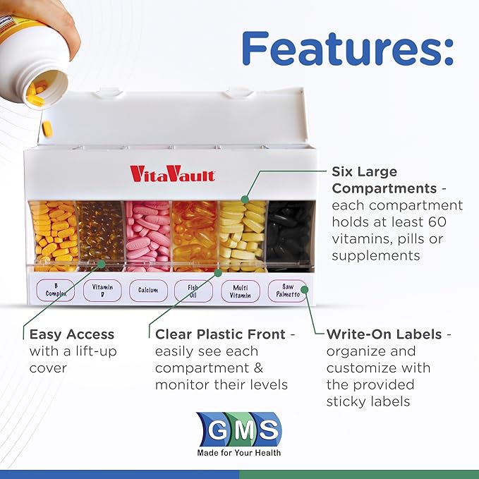 VitaVault Six Compartment Pill Organizer for Medication,s Vitamins, and Supplements with Filler Funnel