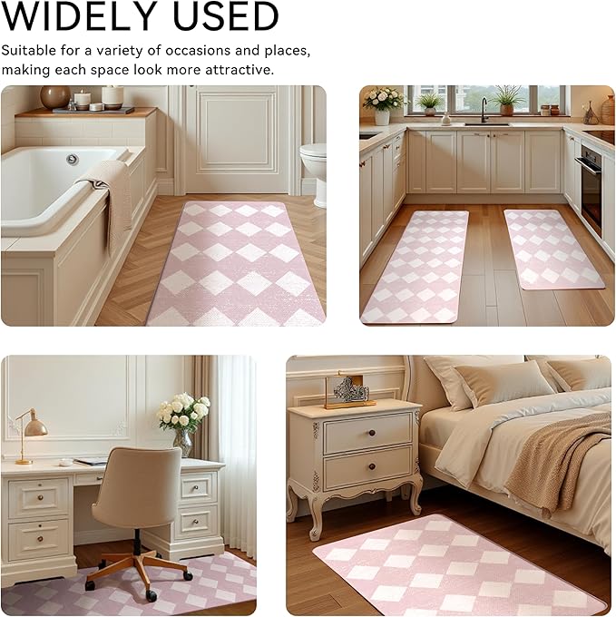 Pink Moroccan Trellis Checkered Kitchen Rug Sets [2 PCs], Anti-Fatigue, Waterproof Non-Slip Kitchen Mats Heavy Duty Ergonomic Comfort Foam Rug for Floor, Home, Laundry,17"x29"+17"x47"