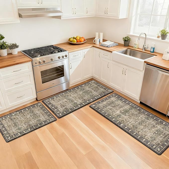 Pauwer Anti Fatigue Kitchen Floor Mats Set of 3, PVC Foam Padded Kitchen Rugs, Non Slip Cushioned Comfort Standing Mat, Waterproof Sink Rug for Small Kitchen Area, Laundry Room, Multi Brown