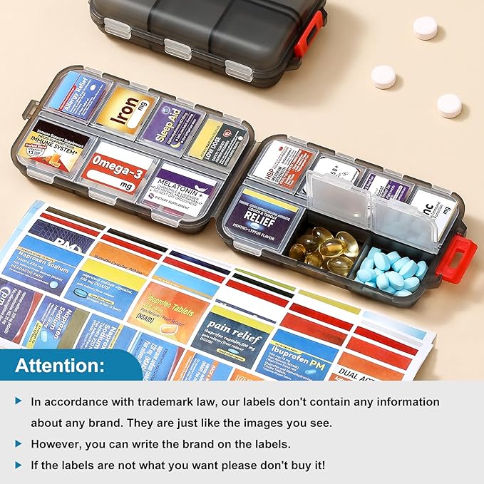 14 Grids Travel Pill Organizer Box with 415-Pcs Medicine Name Labels - Pocket Daily Pharmacy Case Container Kit - Travel Medication Holder Dispenser for Fish Oil Vitamin Supplement Storage -Clear Grey