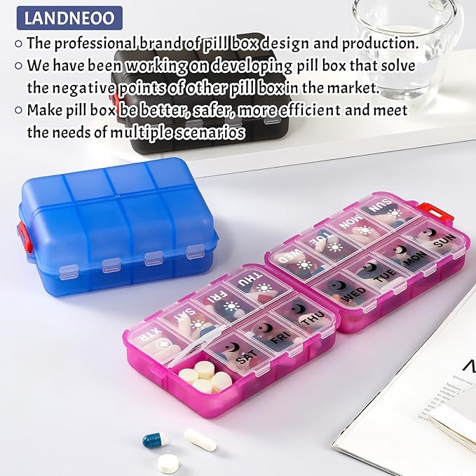Foldable Weekly Pill Organizer 2 Times a Day with 2 Extra Compartments (Clear Printed Labels) - 7 Day AM PM Medicine Box, Week Daily Travel Pill Case Holder for Vitamin, Supplement - Clear Black
