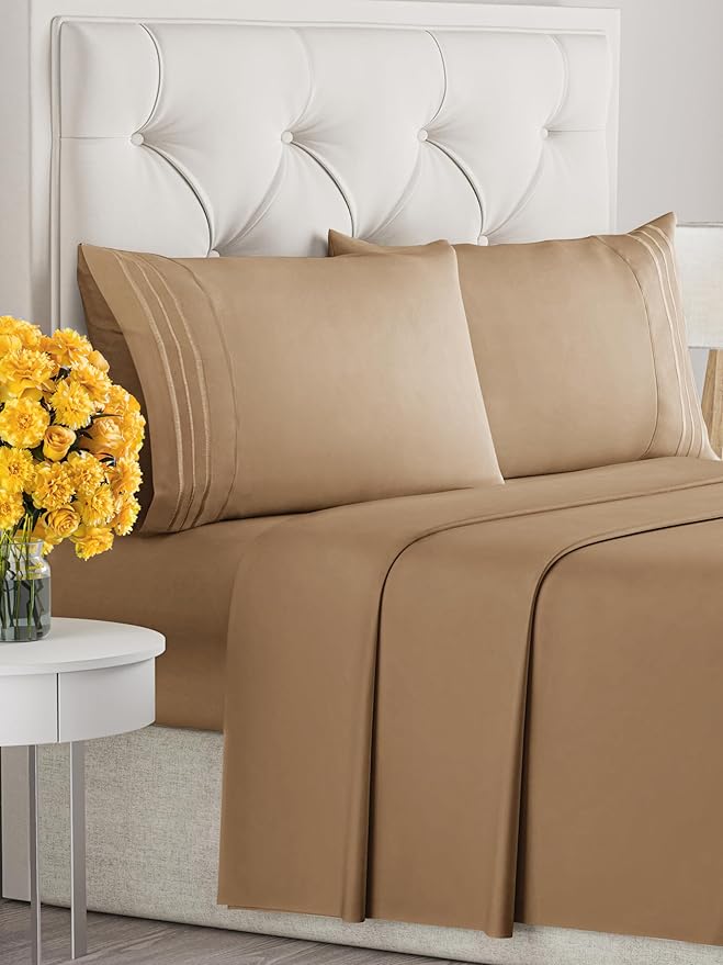 Queen Size 4 Piece Sheet Set - Extra Soft, Breathable & Cooling Sheets - Hotel Luxury Durable Bed Sheets for Women & Men - Deep Pockets, Easy-Fit & Wrinkle-Free Sheets - Caramel Oeko-Tex Bed Sheet Set