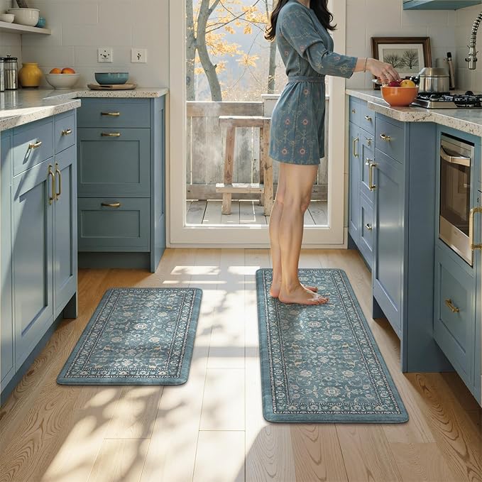 KIMODE Kitchen Floor Mats Cushioned Anti Fatigue,Comfort Memory Foam Kitchen Mats for Floor 2 Piece,Boho Vintage Floral Kitchen Rug Non Slip for Laundry Sink Office Home Decor,Blue