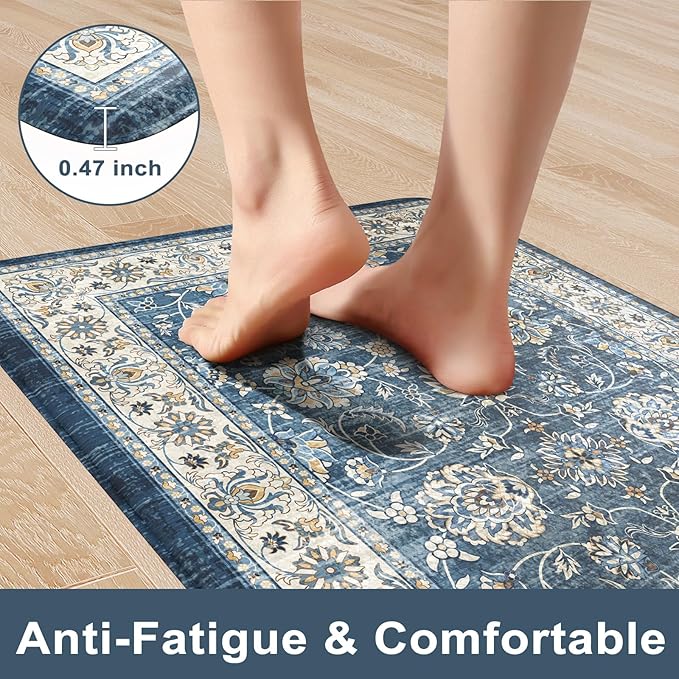 KIMODE Kitchen Mats Cushioned Anti Fatigue, Boho Oriental Kitchen Rugs Sets of 2, Blue Kitchen Mats for Floor, Padded Kitchen Floor Mat, Non Slip Standing Desk Mats for Sink Laundry Office