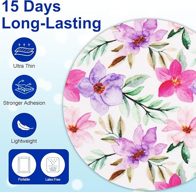 HONYOU Libre 2 Plus Sensor Covers Waterproof 15 Days Long-Stay Lingo Glucose Monitor Patch Pink Floral Pattern CGM Sensor Overpatch No Hole, Hypoallergenic & Latex-Free Sweatproof 15Pack