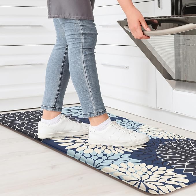 KIMODE Anti Fatigue Kitchen Mat 17.3"x29", Padded Dahlia Kitchen Floor Mats Non Slip, Waterproof Kitchen Mat for Floor, Farmhouse Comfort Standing Mat for Laundry, Office, Sink, Desk Mutil-Blue