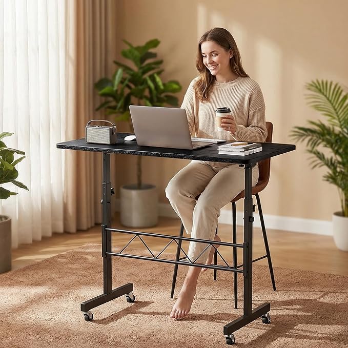 GTPLAYER Small Standing Desk Adjustable Height, 30.7"-46.4" Portable Computer Table Mobile Desk Workstation Stand Up Desk with Wheels Compact Rolling Table for Home Work Treadmill Walking Pad Black