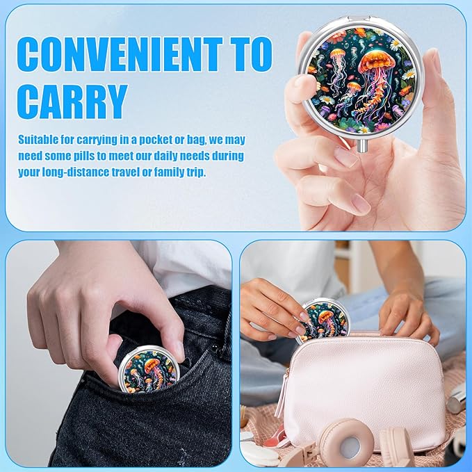 Colorful Jellyfish Pill Case, Pill Box 3 Compartments Metal Small Pill Holder with Mirror Mini Travel Pill Container for Purse Pocket Women Men