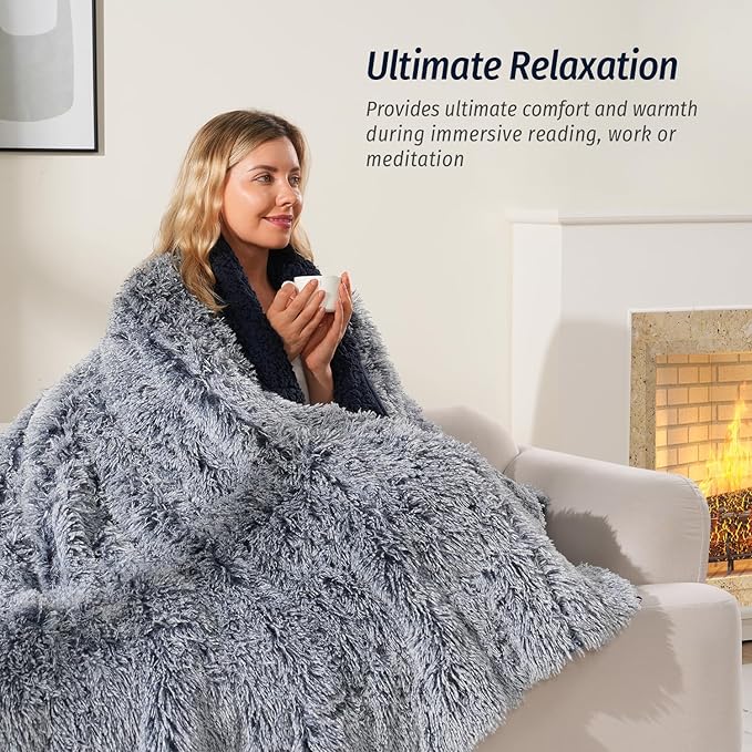 Wemore Shaggy Long Fur Faux Fur Weighted Blanket, Cozy and Plush Sherpa Long Hair Blanket for Adult 15lbs, Fluffy Fuzzy Sherpa Reverse Heavy Blanket for Bed, Couch, Backprint Navy Blue, 48 x 72 Inches