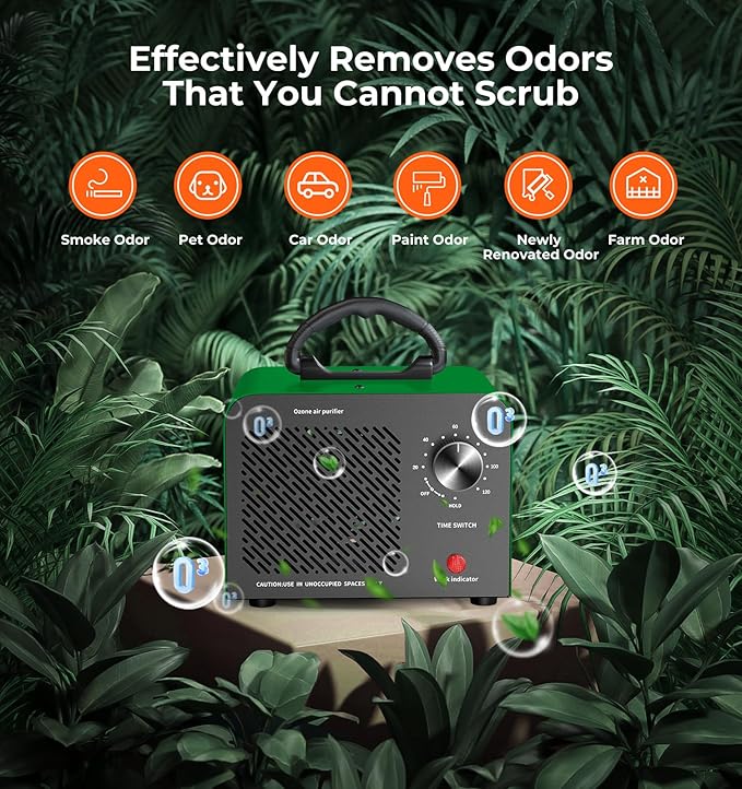 Ozone Generator, 48,000mg/h High Capacity O3 Machine for Large Spaces Up to 4,000 Sq Ft, Portable Odor Eliminator for Car, Home, Basement, Smoke, Pets, and Commercial Use, Green
