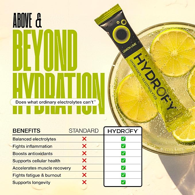 Hydrofy Hydrogen Water + Electrolytes Drink Mix | H2 Hydration Packets with Molecular Hydrogen, Sodium, Potassium, Magnesium, Calcium, and Minerals | No Sugar | Lemon Lime | 25 ct