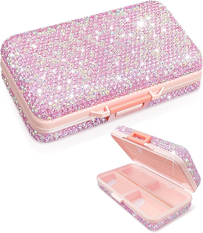 Yivaiks Bling Travel Pill Organizer Crystal Rhinestone 8 Compartments Portable Pill Case Daily Pill Box to Hold Vitamins Small Pill Container for Pocket Purse Medicine Organizer(Pink)