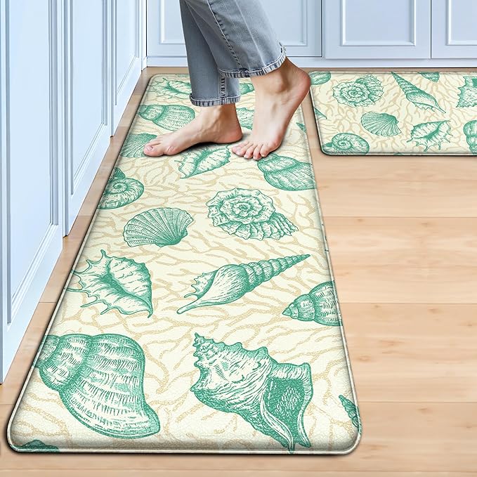 Kitchen Mats for Floor Cushioned Anti Fatigue Sets of 2 Beach Theme Kitchen Rugs Non Slip Waterproof Coastal Foam Kitchen Floor Rug Nautical Coral Seashell Comfort Standing Mat For Sink Laundry, Green